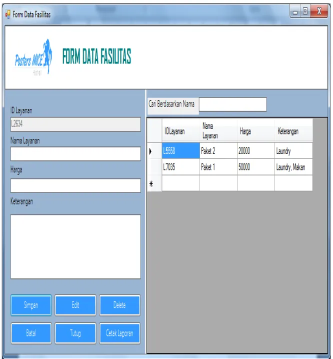 Gambar 8. Tampilan Form Data Fasilitas  8.  Form Data Booking 