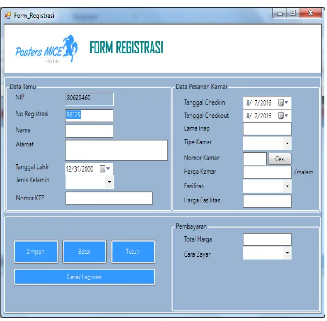 Gambar 4. Tampilan Form Registrasi  4.  Form Data Kamar 