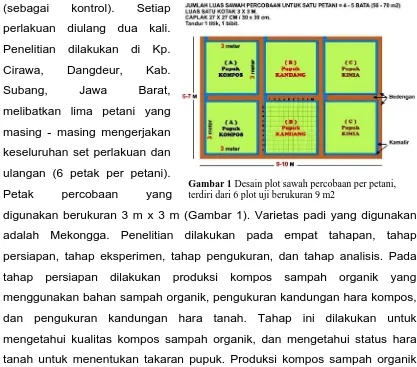 Gambar 1 Desain plot sawah percobaan per petani, terdiri dari 6 plot uji berukuran 9 m2 