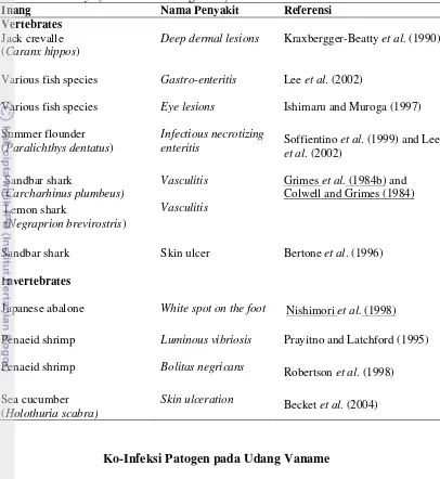 Tabel 1. Penyakit vertebrata dan invertebrata laut yang disebabkan oleh Vibrio harveyi (Austin and Zhang 2006) 