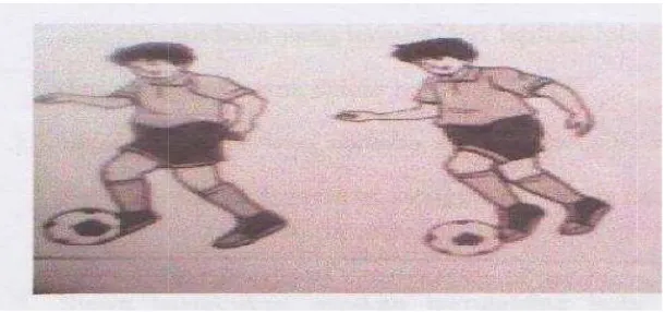 Gambar  4Siswa melakukan menggiring bola ke depan dengan bola                         kertas dari jarak 10 metersiklus ke I Siswa melakukan menggiring bola ke depan dengan bola  dari jarak 10 meter  (5 x 10 meter) Paket pembelajaran Paket pembelajaran  