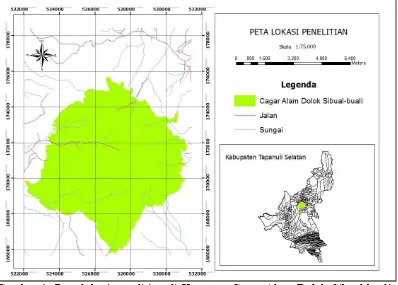 Gambar 1. Peta lokasi penelitian di Kawasan Cagar Alam Dolok Sibual-buali, Kabupaten Tapanuli Selatan, Sumatera Utara 