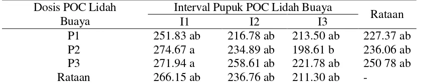 Tabel 1  Rataan panjang tanaman (cm) umur 4 minggu setelah tanam pada pemberian POC lidah buaya dan interval waktu pemberian pupuk POC lidah buaya   