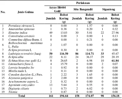 Tabel 4  Jumlah dan bobot kering gulma pada beberapa varitas 
