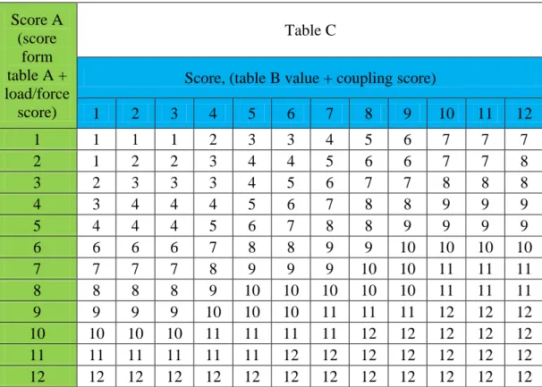 Tabel 3.9 Penilaian Skor Tabel C dan Skor Aktivitas  Score A  (score  form  table A +  load/force  score)  Table C 