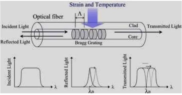 Gambar 2.10 : Fiber bragg grating diberi pengaruh suhu dan strain. 