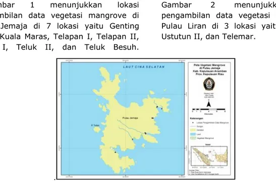 Gambar  2  menunjukkan  lokasi  pengambilan  data  vegetasi  mangrove  di  Pulau  Liran  di  3  lokasi  yaitu  Ustutun  I,  Ustutun II, dan Telemar