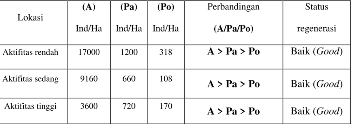 Tabel 6. Status regenerasi Rhizophora apiculata pada masing-masing lokasi penelitian  Lokasi  (A)  Ind/Ha  (Pa)  Ind/Ha  (Po)  Ind/Ha  Perbandingan (A/Pa/Po)  Status  regenerasi  Aktifitas rendah  17000  1200  318  A &gt; Pa &gt; Po  Baik (Good) 