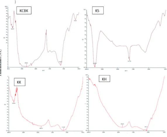 Gambar 4. Analisis FTIR karbon cangkang buah karet (KCBK), karbon aktif hasil aktivasi steam (KS), KOH (KK) dan 
