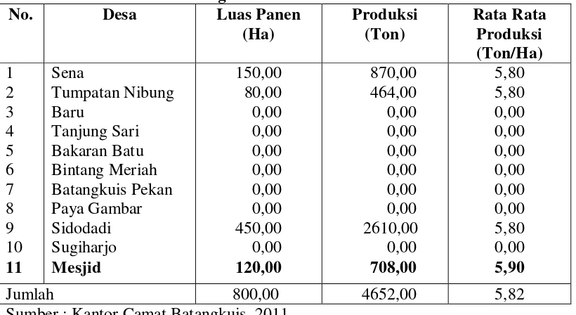 Tabel 2.  Luas Panen, Produksi, dan Rata Rata Produksi Tanaman Jagung di Kecamatan Batangkuis Tahun 2009  