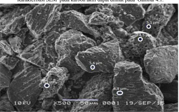 Gambar 4.1 Foto SEM permukaan karbon aktif dengan perbesaran 500x 