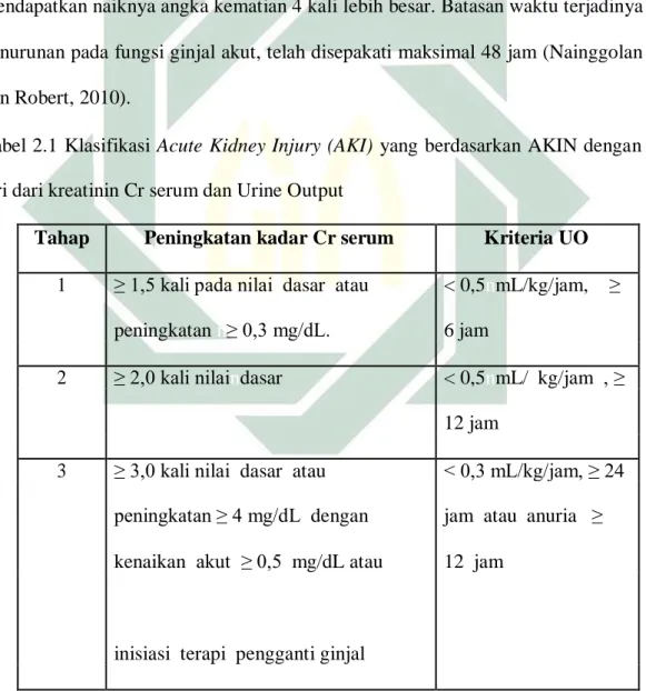 Tabel 2.1 Klasifikasi Acute Kidney Injury (AKI) yang berdasarkan AKIN dengan  ciri dari kreatinin Cr serum dan Urine Output 