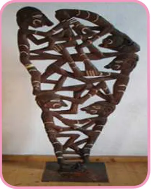 Gambar 1.13. Ragam hias  Papua, Bagi penduduk asli  suku asmat, seni ukir kayu lebih merupakan sebuah  perwujudan dari cara mereka dalam melakukan ritual  untuk mengenang arwah para leluhurnya yang selalu  berjuang dalam kehidupan yang akan membawanya ke  