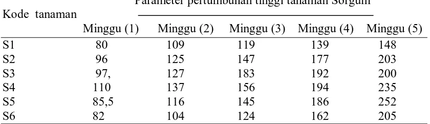 Tabel 1. Perameter Pertumbuhan Tinggi Tanaman (cm) Sorgum                                            Parameter pertumbuhan tinggi tanaman Sorgum  