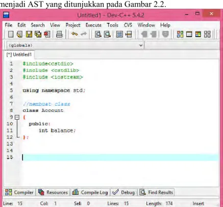 Gambar  2.1  merupakan  contoh  kode  program  C++  yang  selanjutnya  akan  diparsing  dengan  menggunakan  ANTLR  menjadi AST yang ditunjukkan pada Gambar 2.2