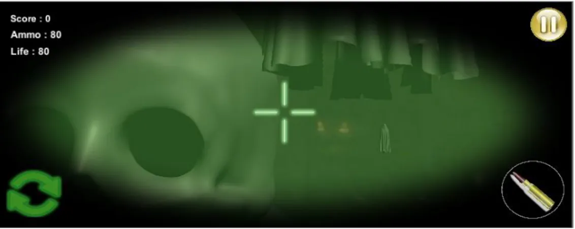Gambar  11  merupakan  tampilan  game  play  dimana  pemain  dapat  memulai  memainkan  permainan  dengan  mengarahkan  kamera  terhadap  objek-objek  yang  terlihat,  lalu  menekan  button  fire  untuk  menembak