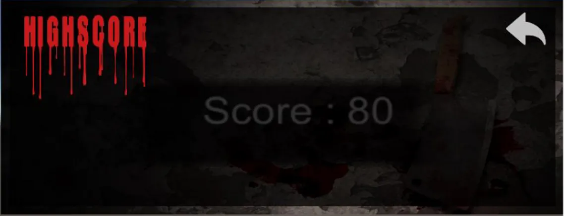 Gambar  15  merupakan  tampilan  pada  menu  Highscore,  dimana  score  dari  setiap  permainan  dengan  nilai  tertinggi  akan  disimpan  dan  akan  ditampilkan  pada  menu 