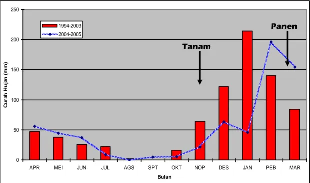 Gambar 1. Curah hujan 10 tahun terakhir 1994-2003 dan tahun 2004-2005 
