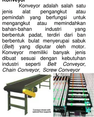 Gambar 1. Jenis-Jenis Konveyor  Dari  banyak  jenis  konveyor  maka  dipilihlah  Konveyor  Sabuk  (Belt  Conveyor)  karena  lebih  mudah  dibuat  dan  lebih  hemat