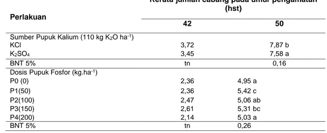 Tabel  3.  Rerata  Jumlah  Cabang  Tanaman  Kacang  Hijau  Akibat  Perlakuan  Pemberian  Sumber  Pupuk Kalium dan Dosis Pupuk Fosfor pada Berbagai Umur Tanaman