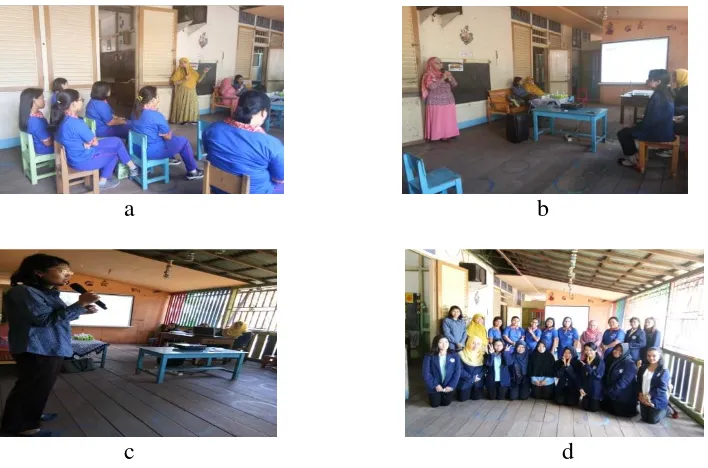 Gambar 1. a,b,c. Penyampaian materi penyuluhan dan pelatihan; d. Foto bersama tim PKM, guru-guru TK dan mahasiswa 