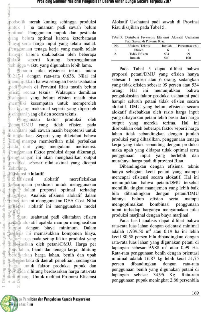 Tabel 5.   Distribusi  Frekuensi  Efisiensi  Alokatif  Usahatani  Padi Sawah di Provinsi Riau 