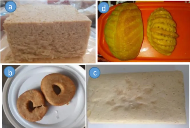 Gambar 1. a. roti tawar, b. donat, c. bolu kukus, d. kue anak tat (Data primer,  2020) 