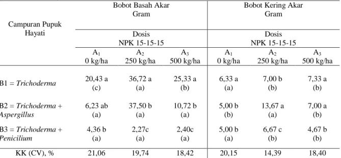 Tabel 1. Interaksi antara pupuk NPK 15-15-15 dan pupuk hayati Trichoderma sp. terhadap bobot basah akar dan  bobot kering akar tanaman bawang merah