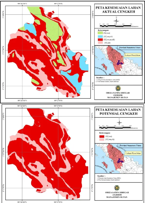 Gambar 7. Peta Kesesuaian lahan aktual dan potensial tanaman cengkeh di Danau Tao 