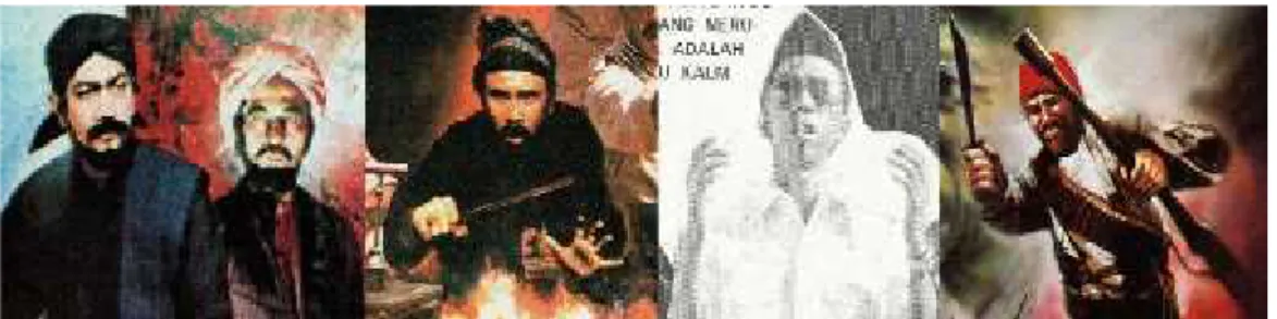 Gambar 1: Pria memakai turban dan skullcaps pada selebaran untuk (L-R): Sunan Kalijaga dan Syech  Siti  Djenar  (1985),  Pasukan  Berani  Mati  (1982),  Panggilan  Ka'bah  (1977),  dan  Para Perintis Kemerdekaan (1977).