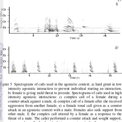 Figure 5  Spectograms of calls used in the agonistic context; a) hard grunt in low 