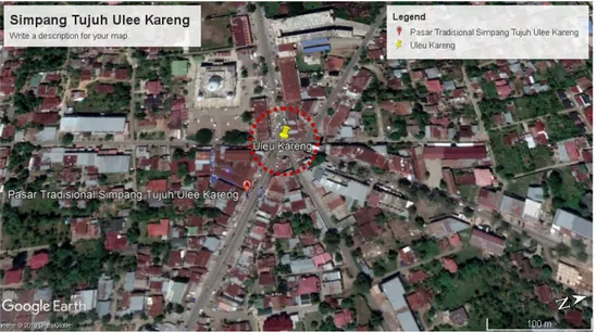 Gambar 1 Lokasi Kajian Simpang Tujuh Ulee Kareng (map data © 2019 Google)  Pengamatan  volume  lalu  lintas  bertujuan  untuk  mendapatkan  besarnya  volume,  komposisi  lalu  lintas,  dan  sebaran  kendaraan  pada  Simpang  Tujuh  Ulee  Kareng