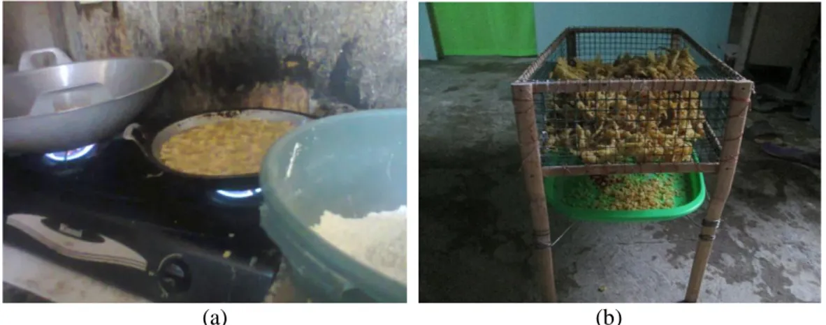 Gambar 1. Proses penggorengan kripik jamur tiram (a) dan proses pembuangan minyak  goreng yang ada di keripik jamur tiram(b) 