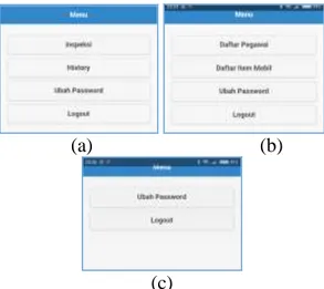 Gambar 7. Menu pada Masing-Masing User (a) Menu Inspektor, (b) Menu Admin,  (c) Menu Driver 