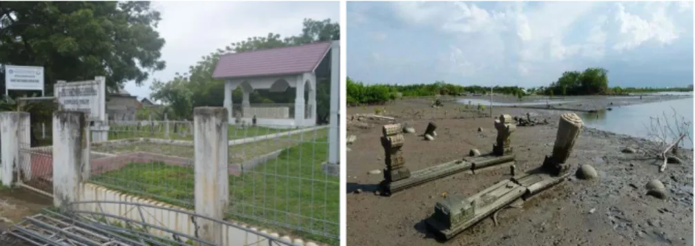 Gambar 4.6 Kondisi eksisting (kiri) komplek makam Tuan Dikandang,   (kanan) makam yang tersebar dan tumbuhan mangrove di Gampong Pande 