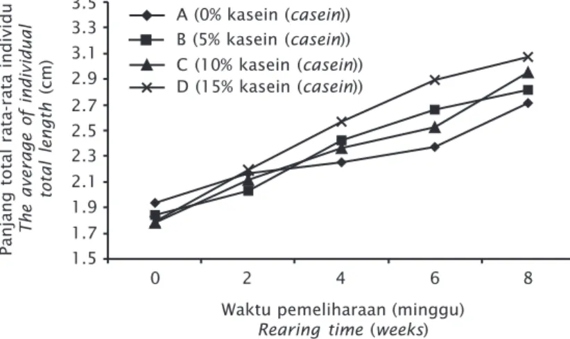 Figure 2. The average of individual total length rainbow kurumoi fishes fed at different level of casein