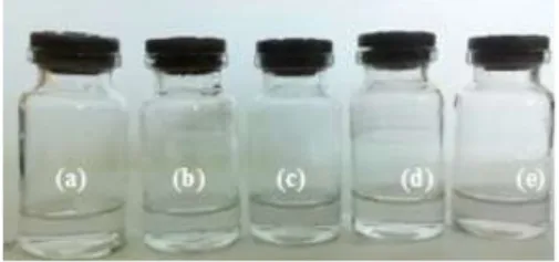 Gambar  1.  Tinta  konduktif  setelah  penambahan  etilen  glikol  (a)  penambahan  etilen glikol 0%,  (b)  penambahan  etilen glikol 10%,  (c)  penambahan  etilen  glikol  20%,  (d)  penambahan  etilen  glikol  30% dan (e) penambahan etilen glikol 40%