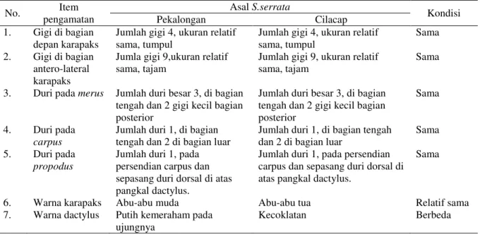 Tabel 2. Kondisi gigi, Duri dan Warna S.serrata 