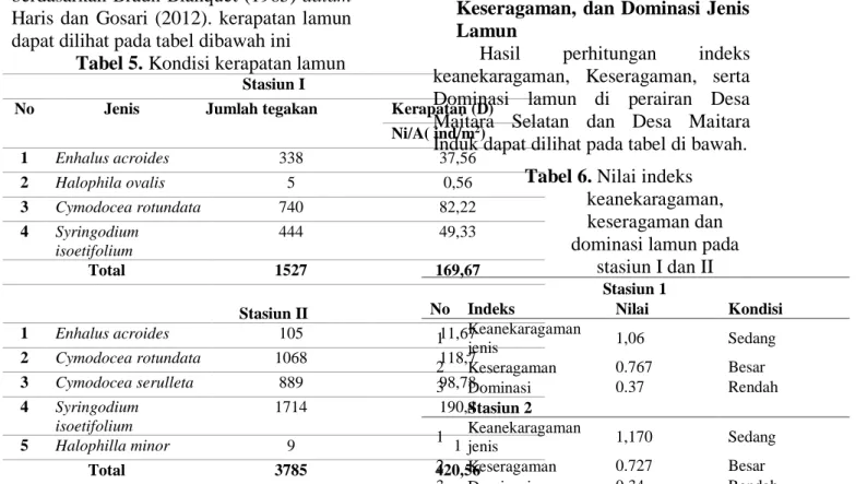 Tabel 5. Kondisi kerapatan lamun 