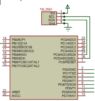 Gambar 3.2 Skematik rangkaian sensor tsl2561 terhubung dengan mikrokontroler 