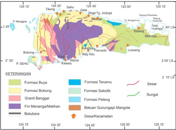 Gambar 4. Peta geologi Pulau Taliabu dan sekitarnya (Supandjono &amp; Haryono, 1993; Surono &amp; Sukarna, 1993).
