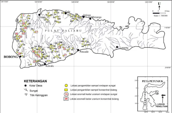 Gambar 5. Peta lokasi pengambilan sampel endapan sungai dan konsentrat dulang di Pulau Taliabu [29]