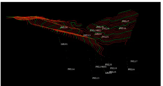 Gambar 10. Lokasi pemboran sektor Lembah Hitam dan kenampakan distribusi kadar U secara 3D pada  masing-masing lubang pemboran