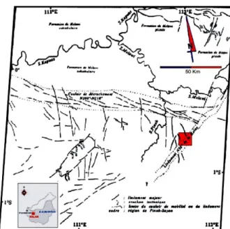 Gambar  2.  Lokasi  daerah  penelitian  (kotak  merah)  yang  termasuk  dalam  Cekungan  Kalan  di  dalam  fisiografi regional Kalimantan Barat [2]