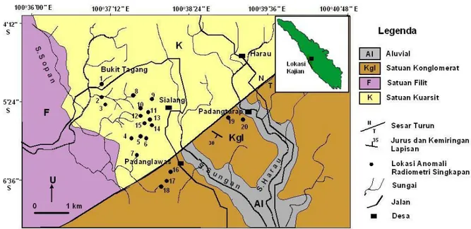 Gambar 2. Peta geologi dan lokasi anomali radioaktivitas batuan daerah Harau, Sumatera Barat [5,6] 