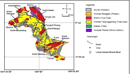 Gambar 3. Peta Geologi Pulau Bangka dan lokasi Pengambilan Sampel Mineral Berat [2,3,4] 