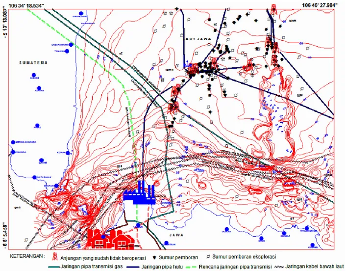Gambar 1.   Peta  fasilitas jaringan pipa migas bawah laut di wilayah perairan utara Banten (Lampiran Kepmen ESDM No