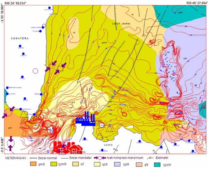 Gambar 4.  Kondisi geologi, morfologi dasar laut, sebaran sedimen permukaan dasar laut di wilayah perairan utara Banten (Rachmat dkk., 2010)