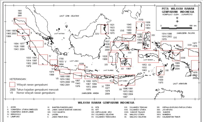 Gambar 5.  Peta Wilayah Rawan Gempa Bumi di Indonesia (PVMBG, 2004)