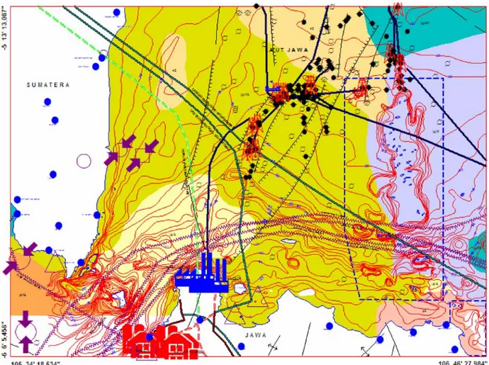 Gambar 9.   Peta  integrasi  fasilitas infrastruktur migas dengan kondisi geologi, morfologi dasar laut, sebaran sedimen permukaan dasar laut dan jaringan kabel  bawah laut di wilayah perairan utara Banten (Rachmat dkk., 2010)